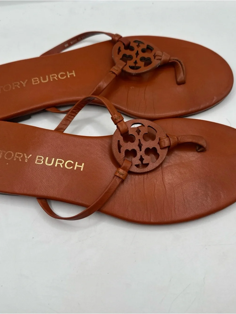 Tory Burch‎ Rust Brown Leather Logo Thong Sandals Sz 9